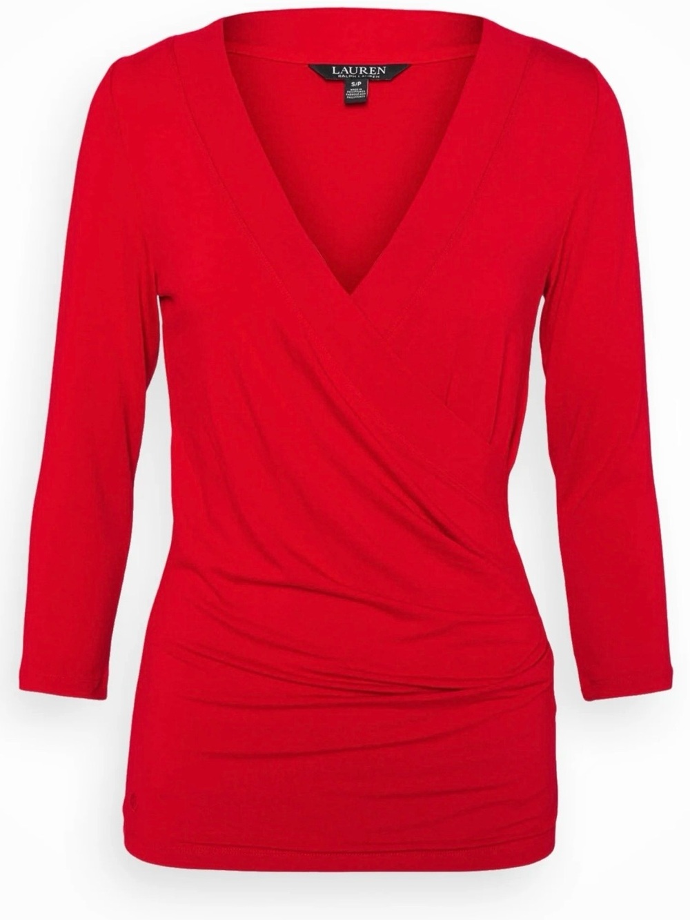 Lauren Ralph Lauren Top Red Wrap-Front V-Neck Long Sleeve Ruched Stretch Sz L
